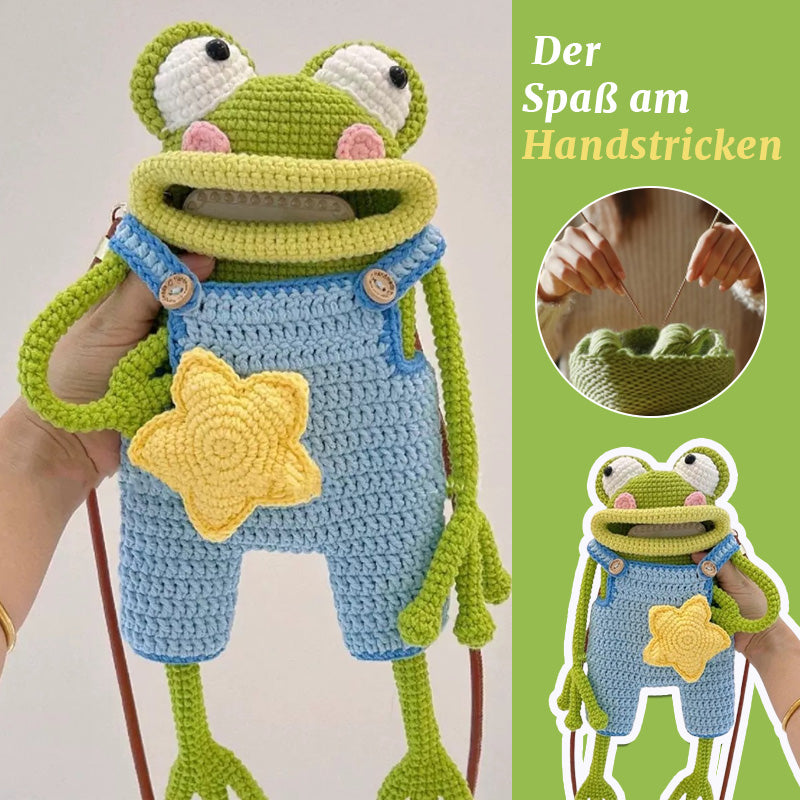 DIY virkad axelremsväska med stor grodmun