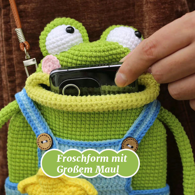 DIY virkad axelremsväska med stor grodmun