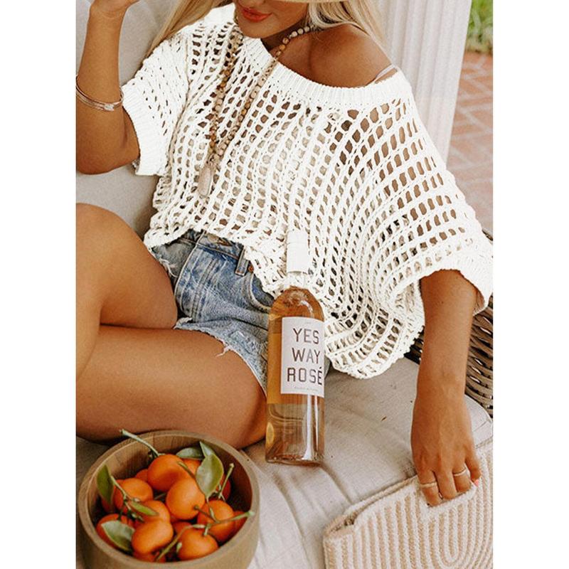 Sista dagen 🎁 Damernas sommarurringning kort ärm casual virkad hålknypplad tröja