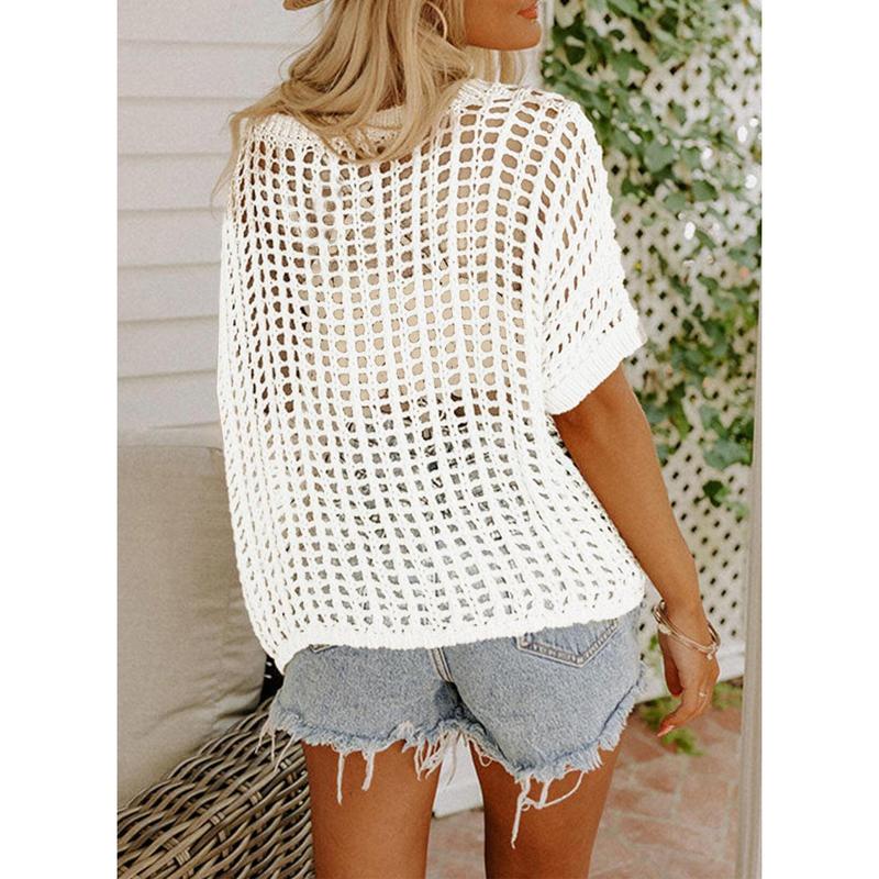 Sista dagen 🎁 Damernas sommarurringning kort ärm casual virkad hålknypplad tröja