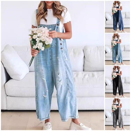 💖SISTA DAGENS REA 50% RABATT💖Söt, avslappnad jumpsuit med knappar och sliten denim för dam