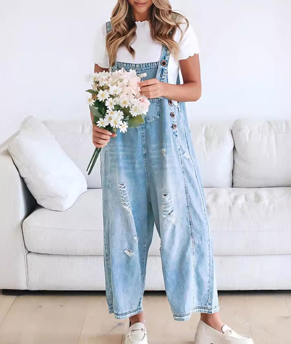 💖SISTA DAGENS REA 50% RABATT💖Söt, avslappnad jumpsuit med knappar och sliten denim för dam