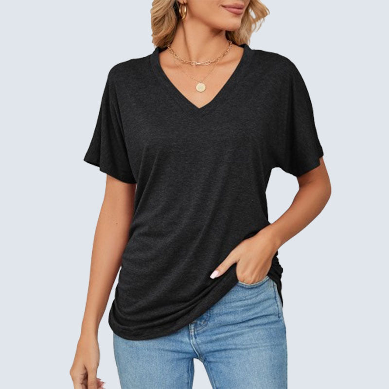 Sommarfärgad V-ringad lös t-shirt för kvinnor/Summer solid color V-neck loose T-shirt for women