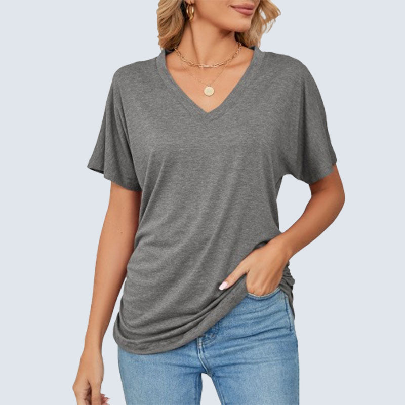 Sommarfärgad V-ringad lös t-shirt för kvinnor/Summer solid color V-neck loose T-shirt for women