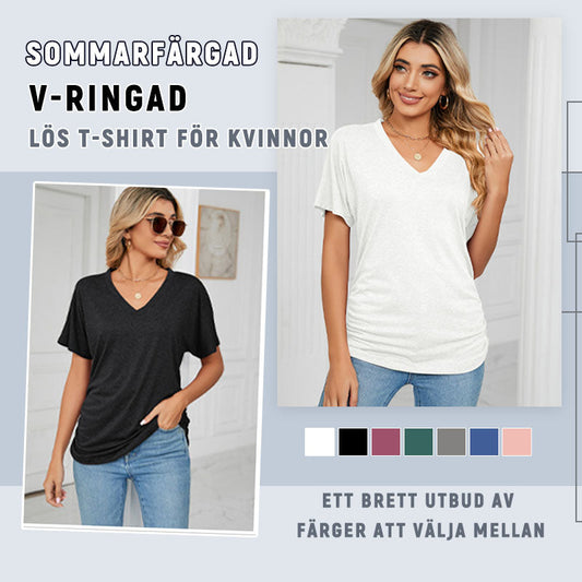 Sommarfärgad V-ringad lös t-shirt för kvinnor/Summer solid color V-neck loose T-shirt for women