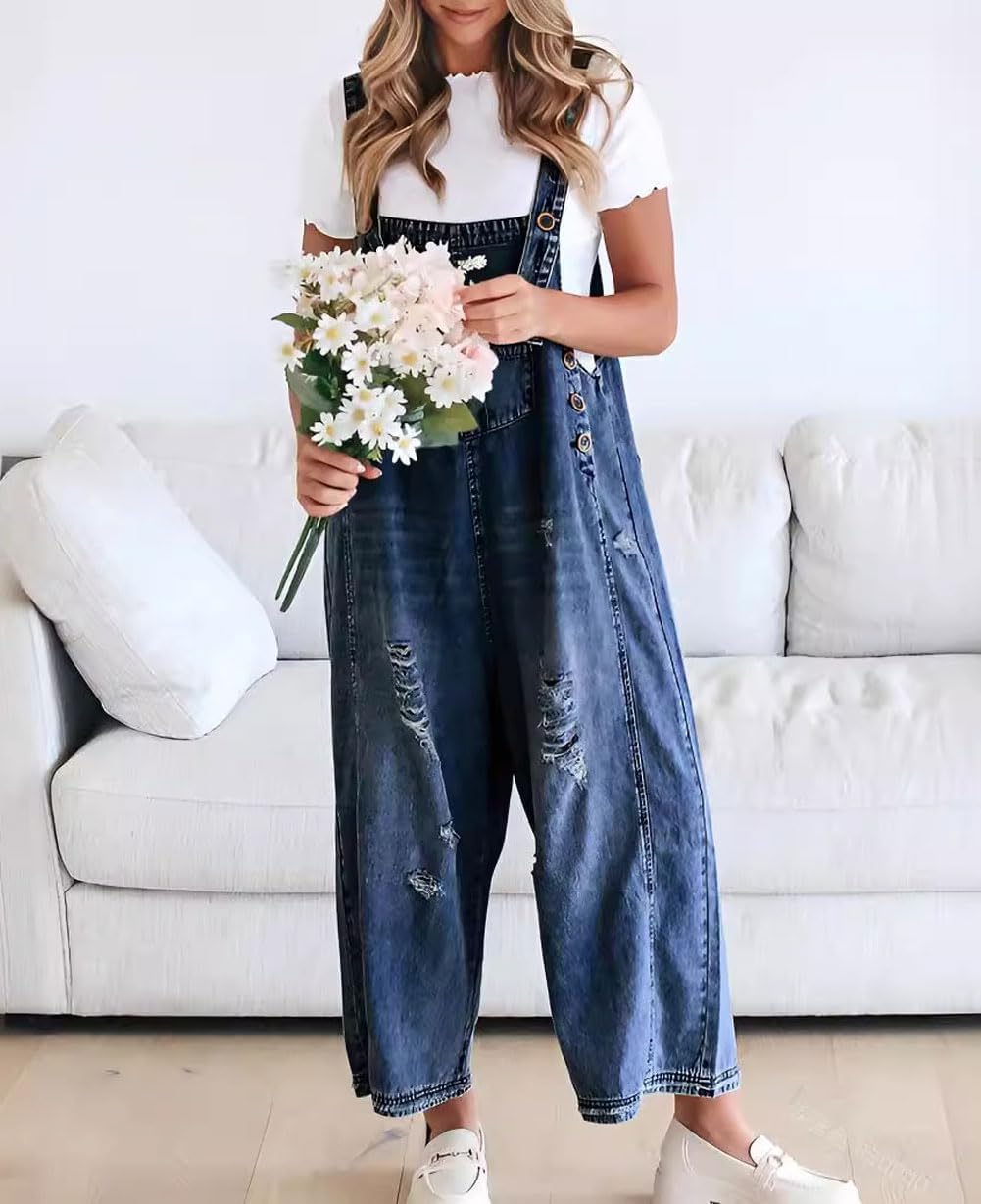 💖SISTA DAGENS REA 50% RABATT💖Söt, avslappnad jumpsuit med knappar och sliten denim för dam