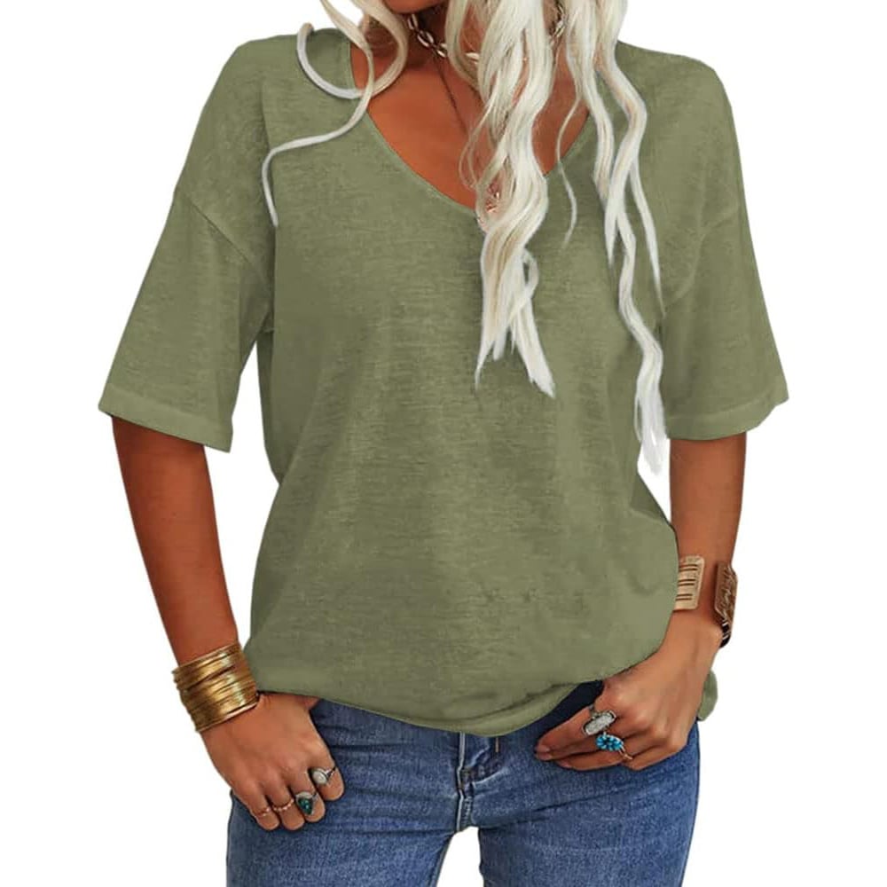 🔥Sista dagen 70 % RABATT✨ Enfärgad V-ringad T-shirt för kvinnor [S - 5XL!]