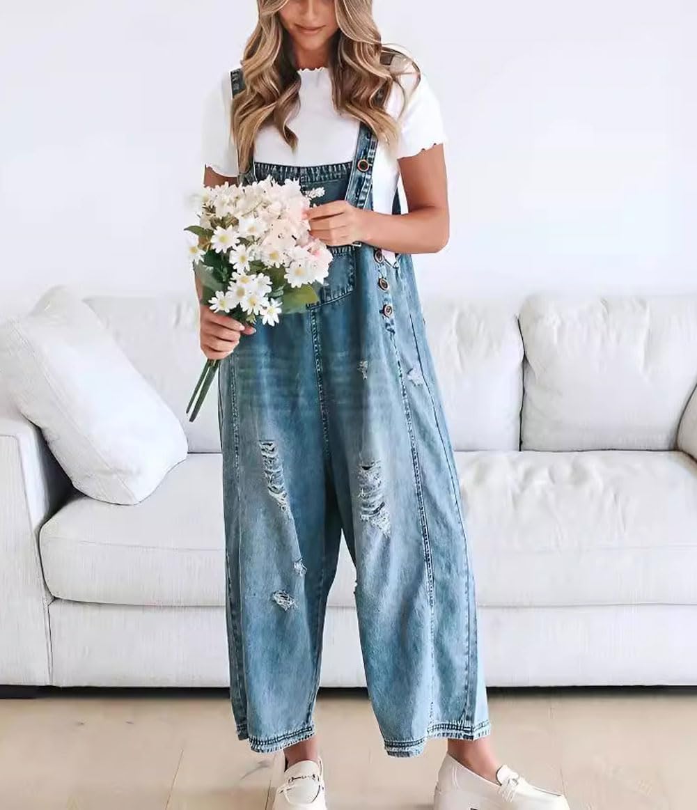 💖SISTA DAGENS REA 50% RABATT💖Söt, avslappnad jumpsuit med knappar och sliten denim för dam