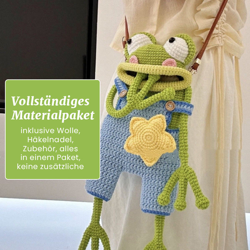 DIY virkad axelremsväska med stor grodmun