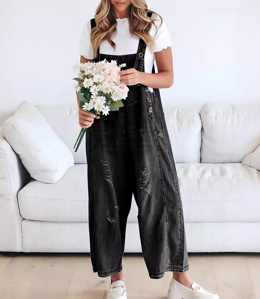 💖SISTA DAGENS REA 50% RABATT💖Söt, avslappnad jumpsuit med knappar och sliten denim för dam