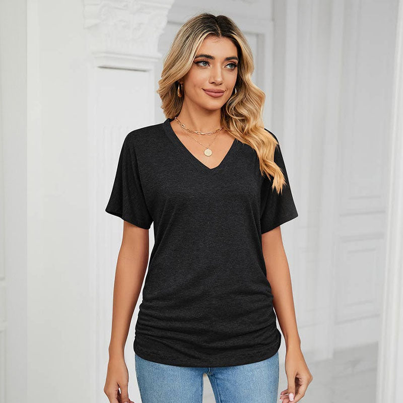 Sommarfärgad V-ringad lös t-shirt för kvinnor/Summer solid color V-neck loose T-shirt for women