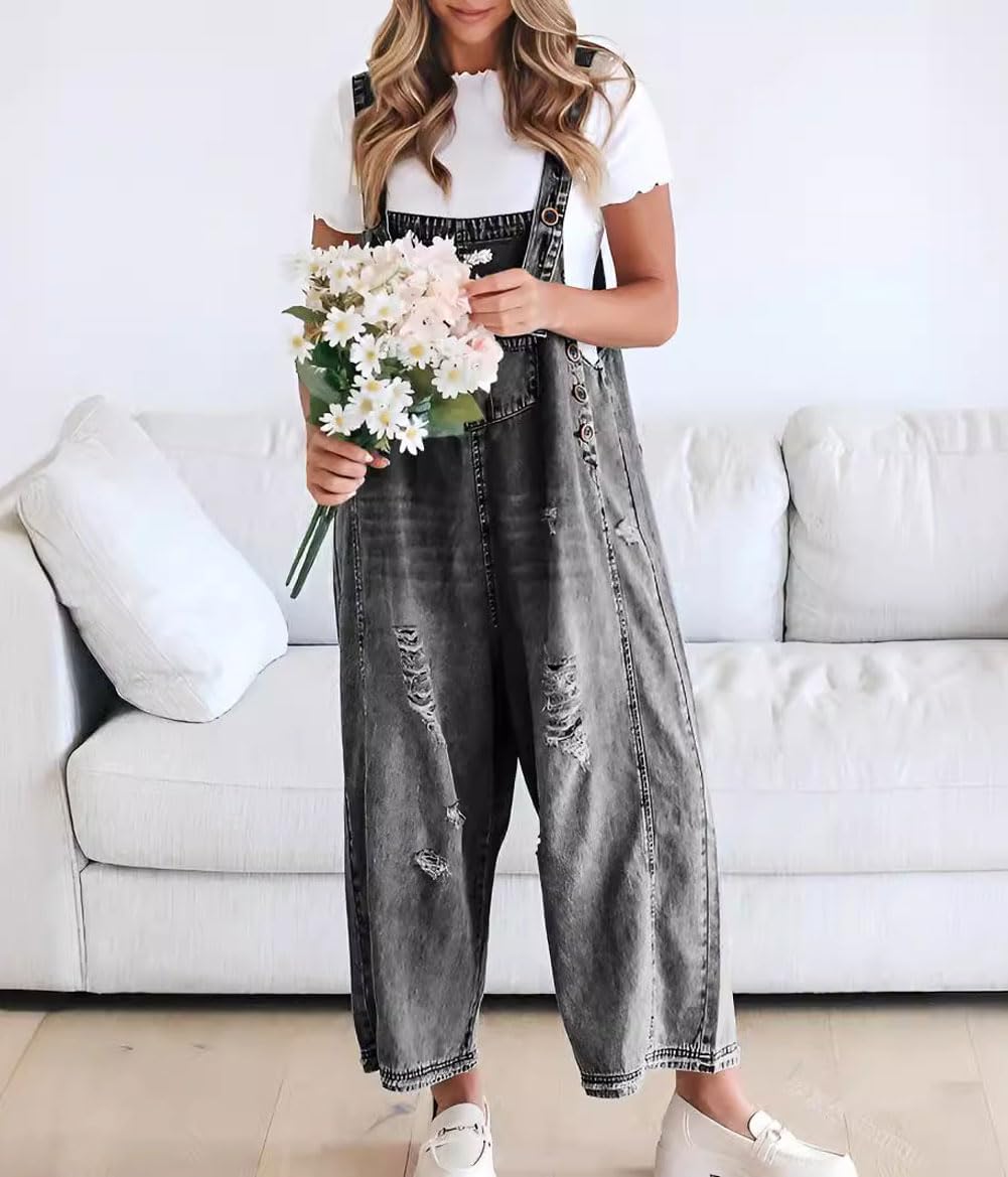 💖SISTA DAGENS REA 50% RABATT💖Söt, avslappnad jumpsuit med knappar och sliten denim för dam