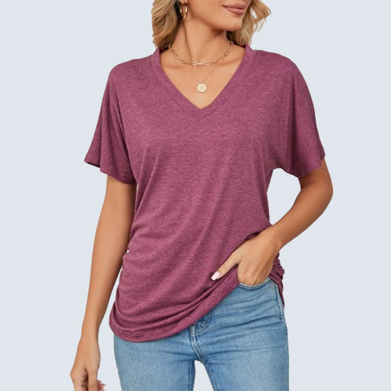 Sommarfärgad V-ringad lös t-shirt för kvinnor/Summer solid color V-neck loose T-shirt for women