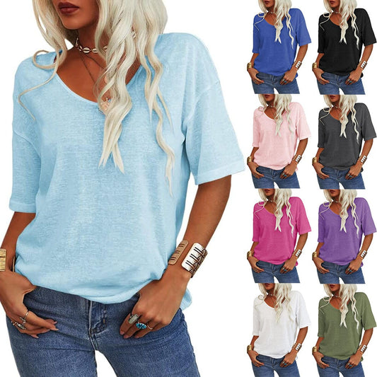 🔥Sista dagen 70 % RABATT✨ Enfärgad V-ringad T-shirt för kvinnor [S - 5XL!]