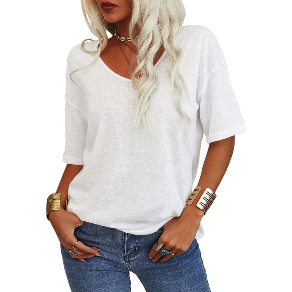 🔥Sista dagen 70 % RABATT✨ Enfärgad V-ringad T-shirt för kvinnor [S - 5XL!]