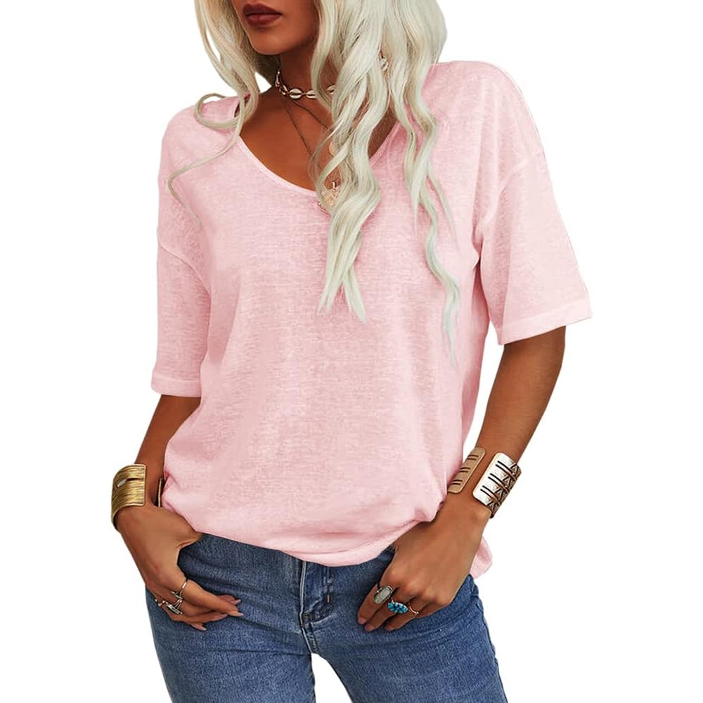 🔥Sista dagen 70 % RABATT✨ Enfärgad V-ringad T-shirt för kvinnor [S - 5XL!]