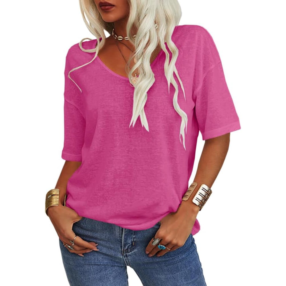 🔥Sista dagen 70 % RABATT✨ Enfärgad V-ringad T-shirt för kvinnor [S - 5XL!]