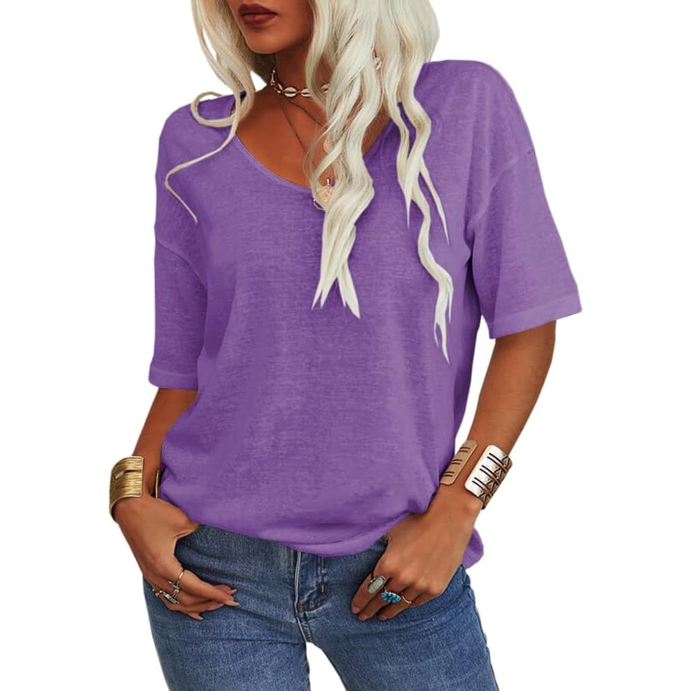 🔥Sista dagen 70 % RABATT✨ Enfärgad V-ringad T-shirt för kvinnor [S - 5XL!]